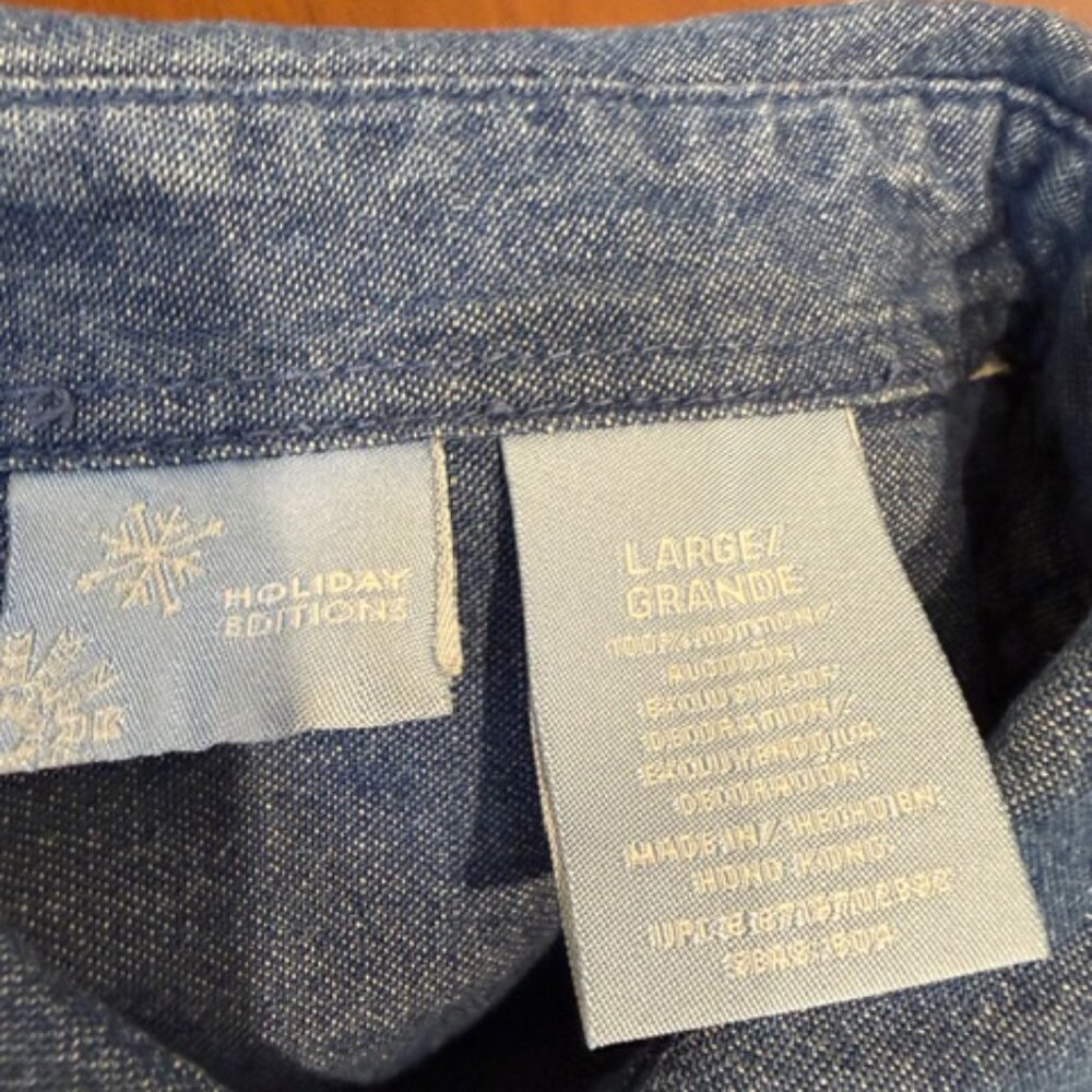Vintage Holiday Appliqué Embroidered Blue Button-Down Shirt Size L. - Picture 7 of 13